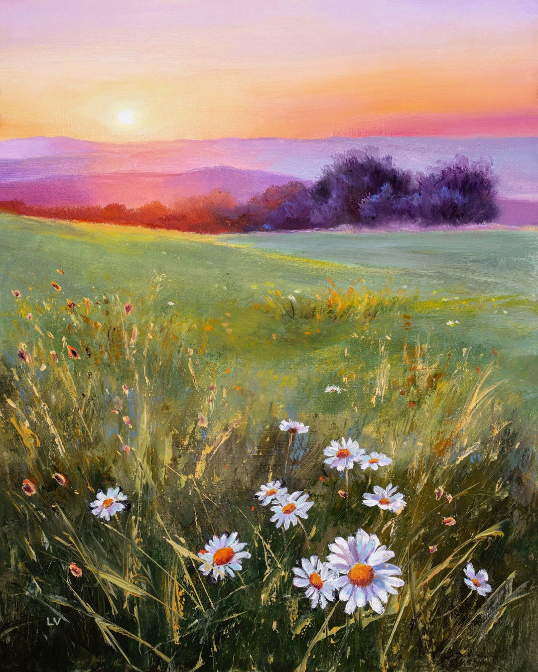 野の花のオリジナル絵画、草原のデイジーの風景、夕焼けの野の花の