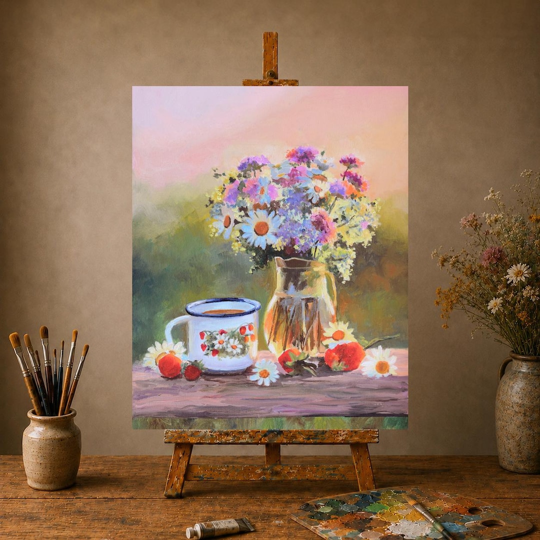 花瓶の油絵、小さな静物画、デイジーの絵、オリジナル油絵、額装された