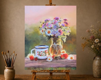 花瓶の油絵、小さな静物画、デイジーの絵、オリジナル油絵、額装された