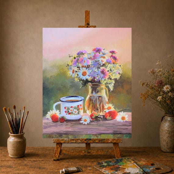 Yoko Toyama 油彩画 花瓶の花 静物画 額装 Yoko Toyama 油彩画 花瓶の