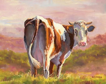 牛の絵の農家オリジナル、牛のいる風景、乳牛の牧草地のアートワーク