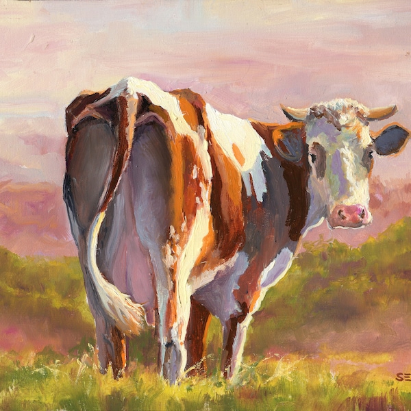 Peinture de ferme de vache ORIGINAL, paysage avec des vaches, oeuvre d'art de prairie de vaches laitières, art animalier, décoration de ferme animalière vintage, cadeau pour amoureux des vaches