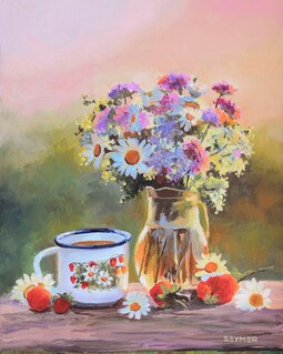 花瓶の油絵、小さな静物画、デイジーの絵、オリジナル油絵、額装された