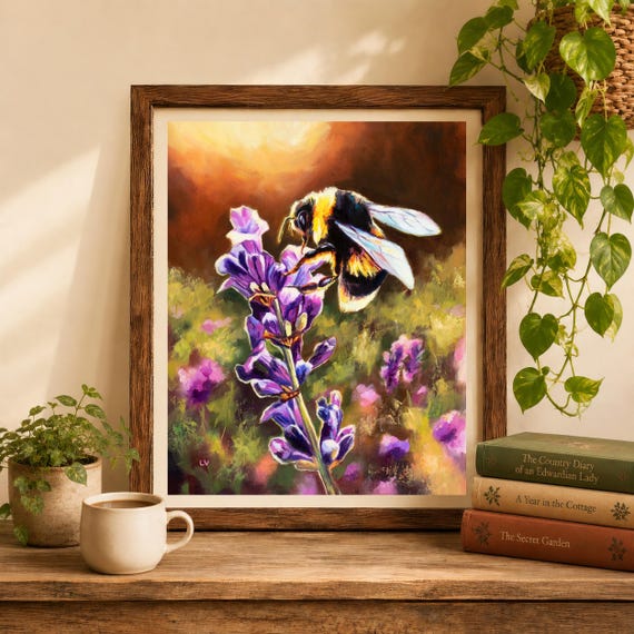Bee and lavender PRINT, Bumblebee art print, Flower insect drawing, Farmhouse botanical print, Nature floral poster, Country nursery decor