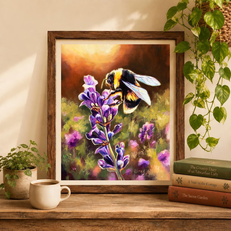 Bee and lavender PRINT, Bumblebee art print, Flower insect drawing, Farmhouse botanical print, Nature floral poster, Country nursery decor image 1