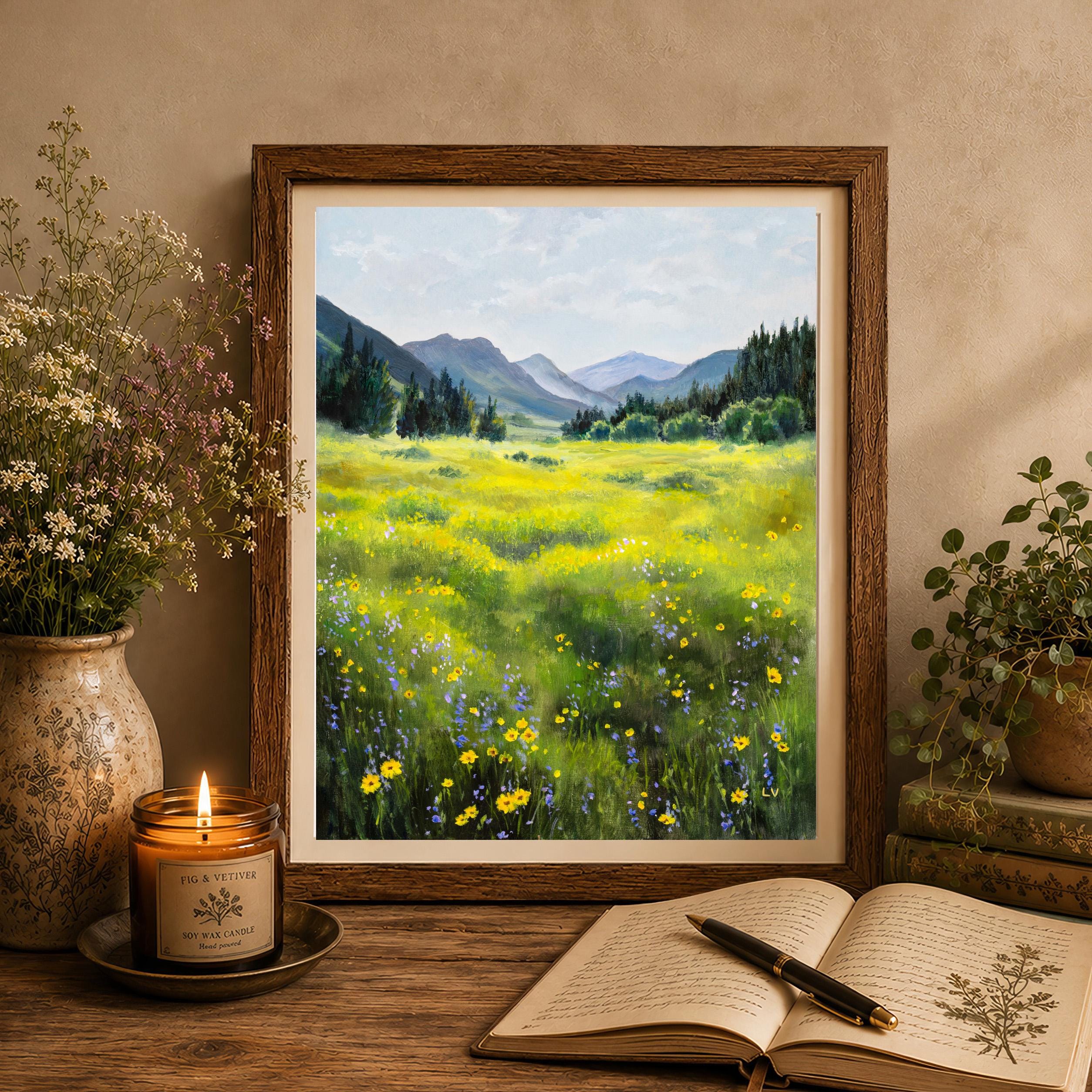 Country Landscape Oil Painting, Flowery Spring Rural Art