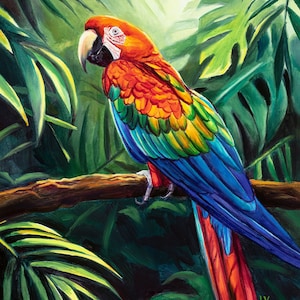 Peinture à l'huile ORIGINAL de perroquet rouge, portrait d'ara de la jungle, peinture d'oiseau tropical encadrée, oeuvre d'art réaliste de la vie sauvage, art mural animal vibrant