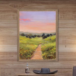 Prairie rural landscape art PRINT, Meadow oil painting, Green field rural wall art, Clouds sunset artwork Cabin rustic decor Glassland path