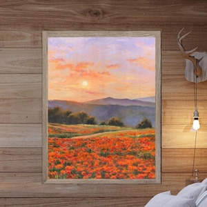 Poppies field PRINT, painting sunset flowers Colorful landscape Prairie Wildflowers painting poster Rustic country house  decor Kitchen art
