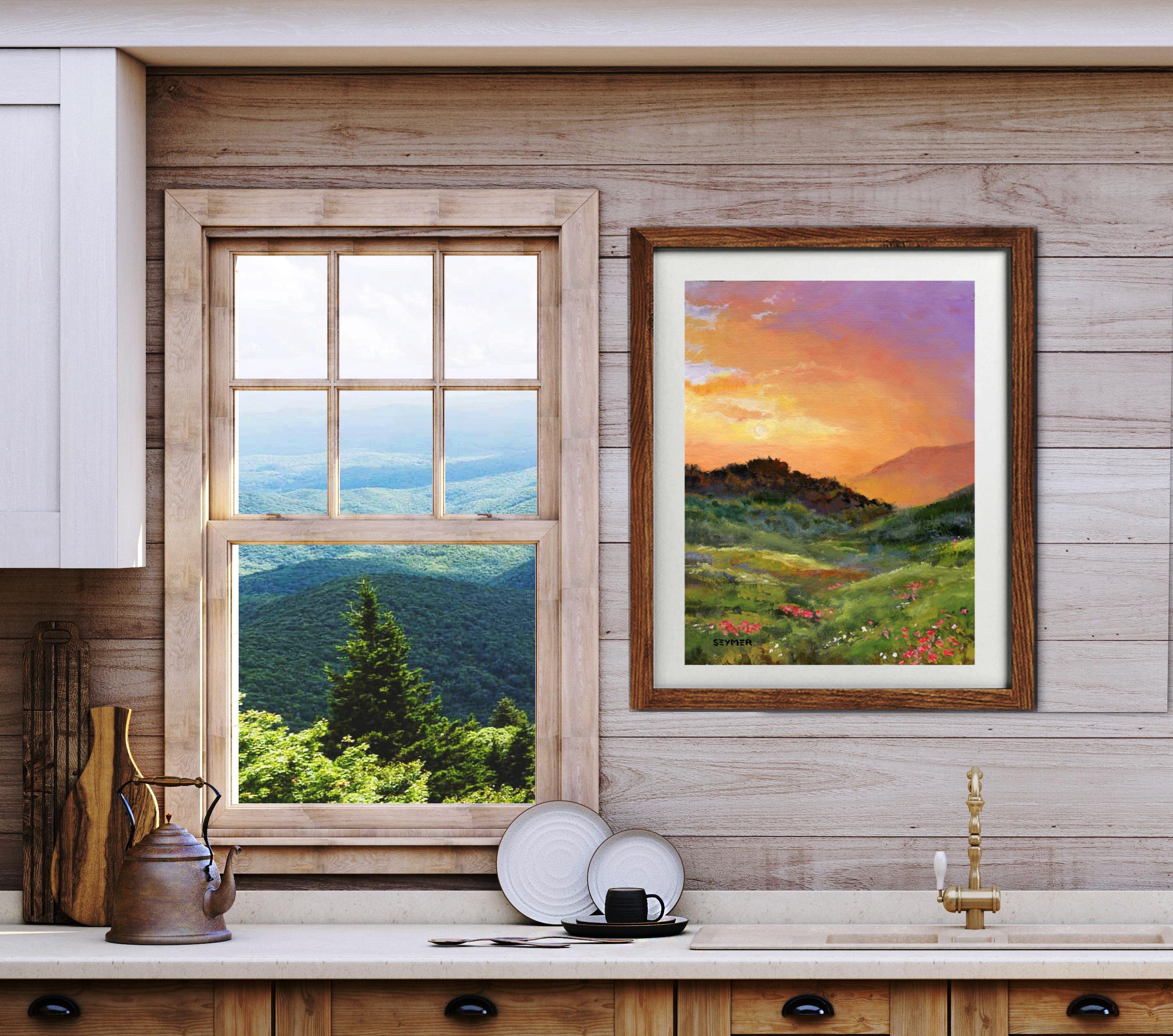 夕日の風景油絵オリジナル、額装された田園風景画、モダンな農家風絵画