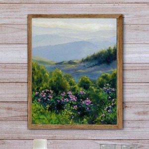 Blue Ridge art PRINT, North Carolina landscape art Great smoky mountains Appalachian american art, Spring wildflowers painting Country decor