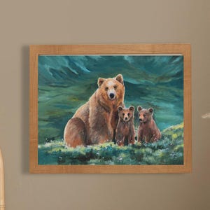 Bear art PRINT, Momma bear and cubs, Grizzly bear painting, Wildlife artwork, Animal lovers gift, Cabin decoration, Woodland wild animal