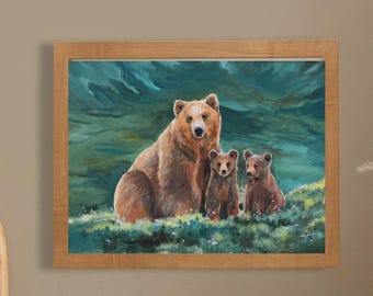 クマのアートプリント、母熊と子熊、ハイイログマの絵画、野生動物の