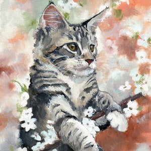 Peinture ORIGINAL de chat, oeuvre d'art de fleurs de cerisier, art de fleurs de printemps blanches, oeuvre d'art de mini chat ORIGINAL, art mural de chat réaliste, décor de ferme