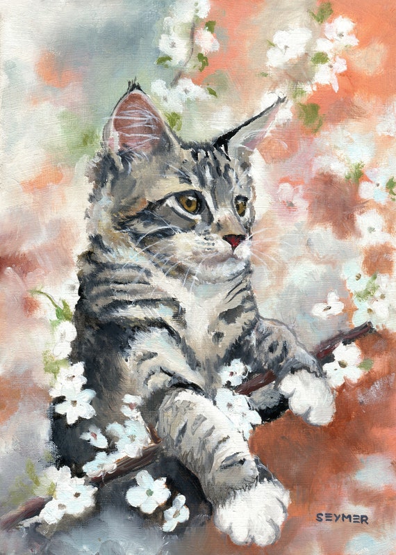 猫のオリジナル絵画、桜のアートワーク、白い春の花のアート