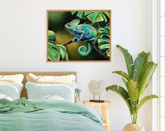 グリーンカメレオンアートプリント、爬虫類の油絵、熱帯動物のアート