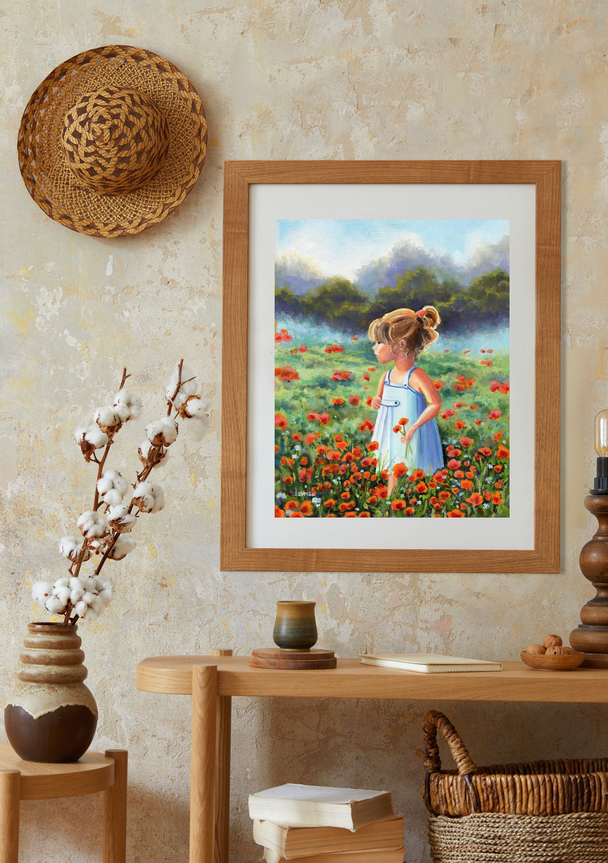 小さな女の子の絵 プリント 子供の油絵 野原の少女 小さな女の子の田舎