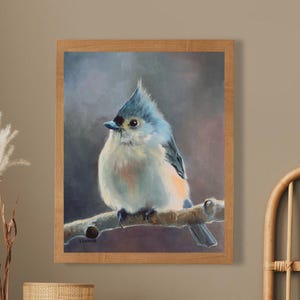 Titmouse bird art PRINT, Blue Tufted titmouse oil painting, Bird pet portrait, Cute animal art, Farmhouse kitchen wall art, Gift for mom