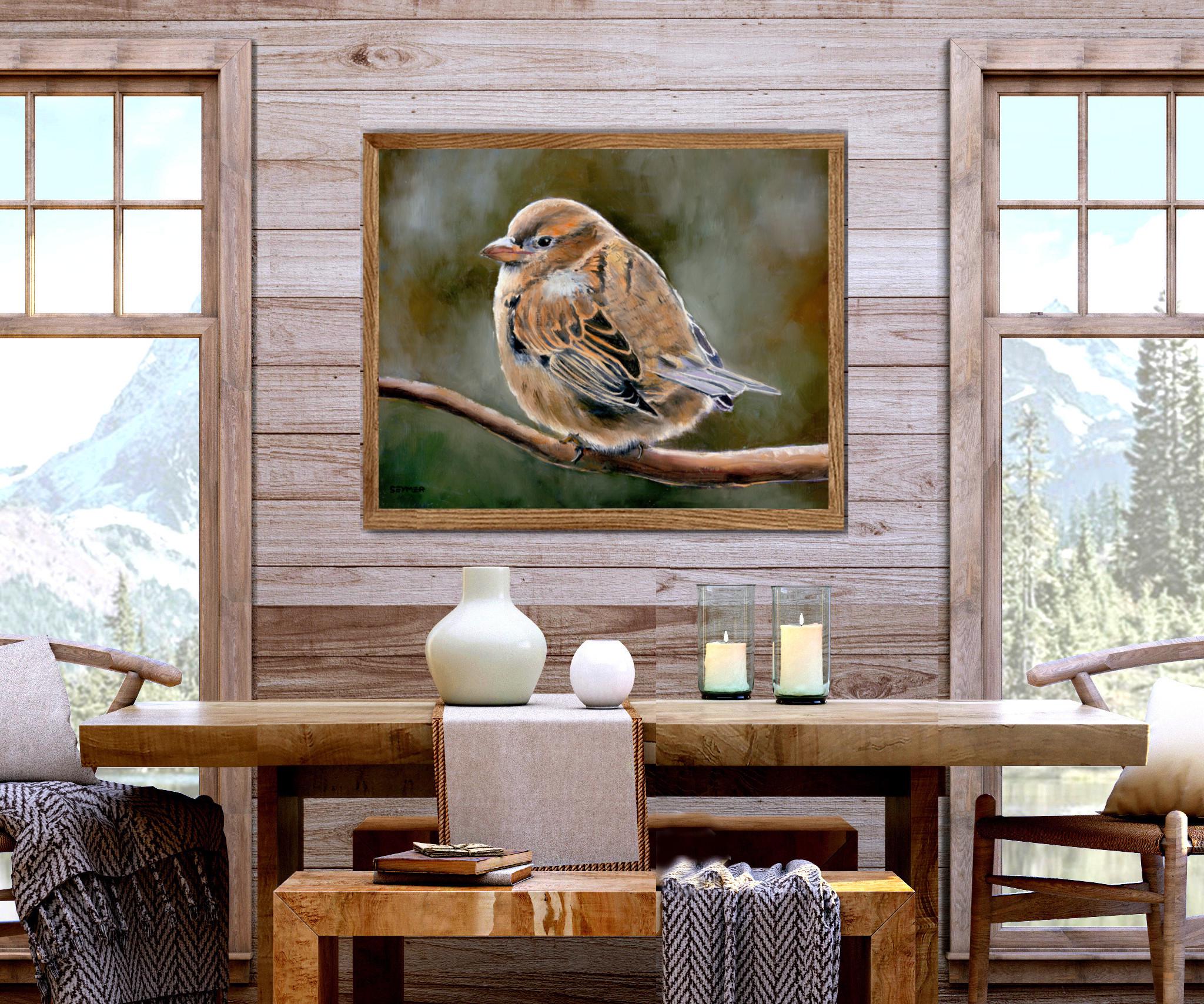 鳥の油絵オリジナル、木製動物画オリジナル鳥のアート額入り