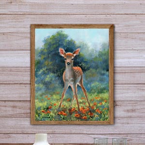 Fawn painting PRINT, Baby deer painting, Fawn landscape poppies, Baby fawn nursery decor, Vintage fawn wall art, Wildflowers fawn Woodland