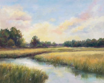 田園風景の温かみのある色調のオリジナル絵画、納屋のある秋の農場