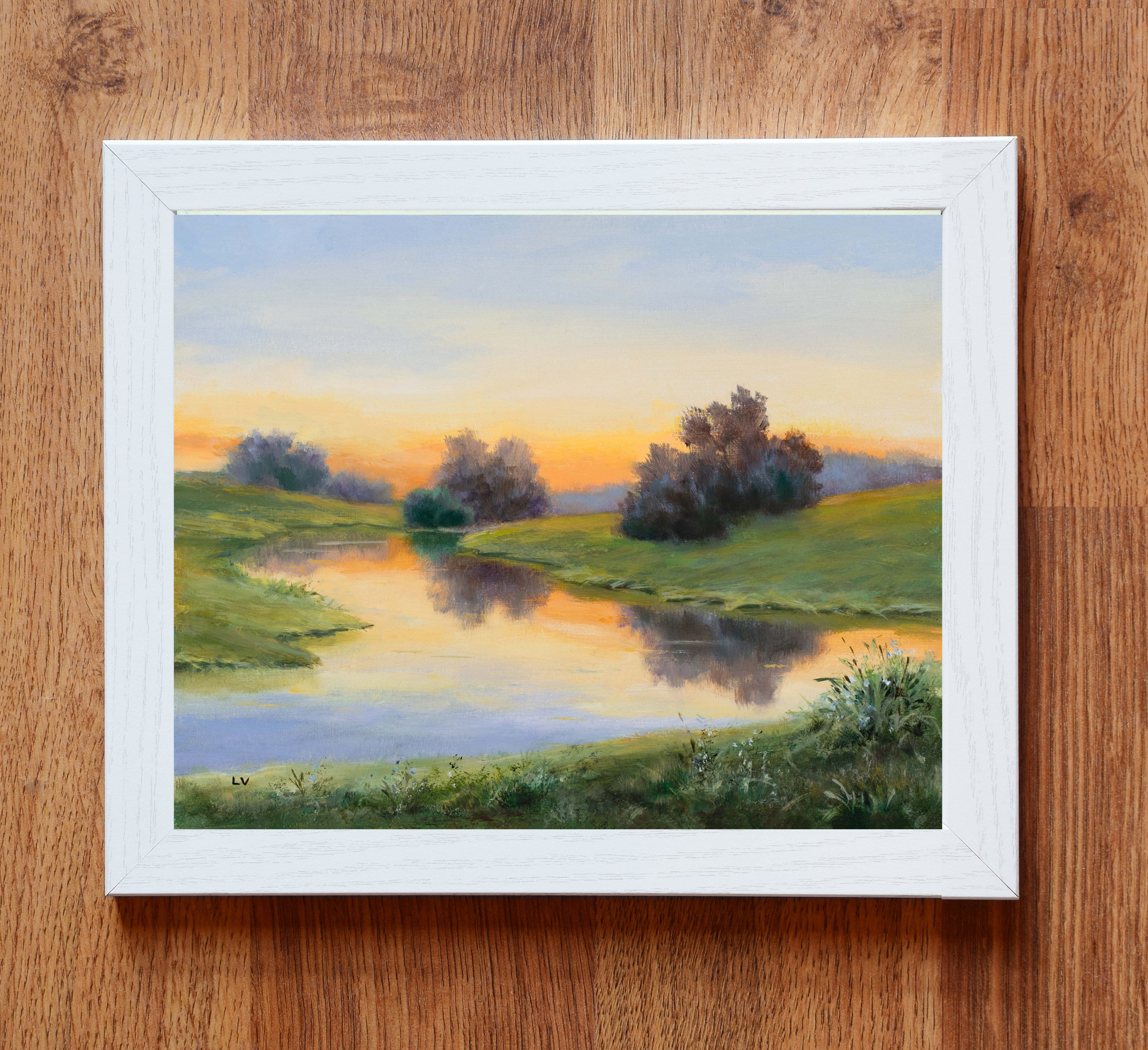 Sunrise River Painting ORIGINAL, Landscape Water Reflections