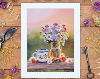 花瓶の油絵、小さな静物画、デイジーの絵、オリジナル油絵、額装された