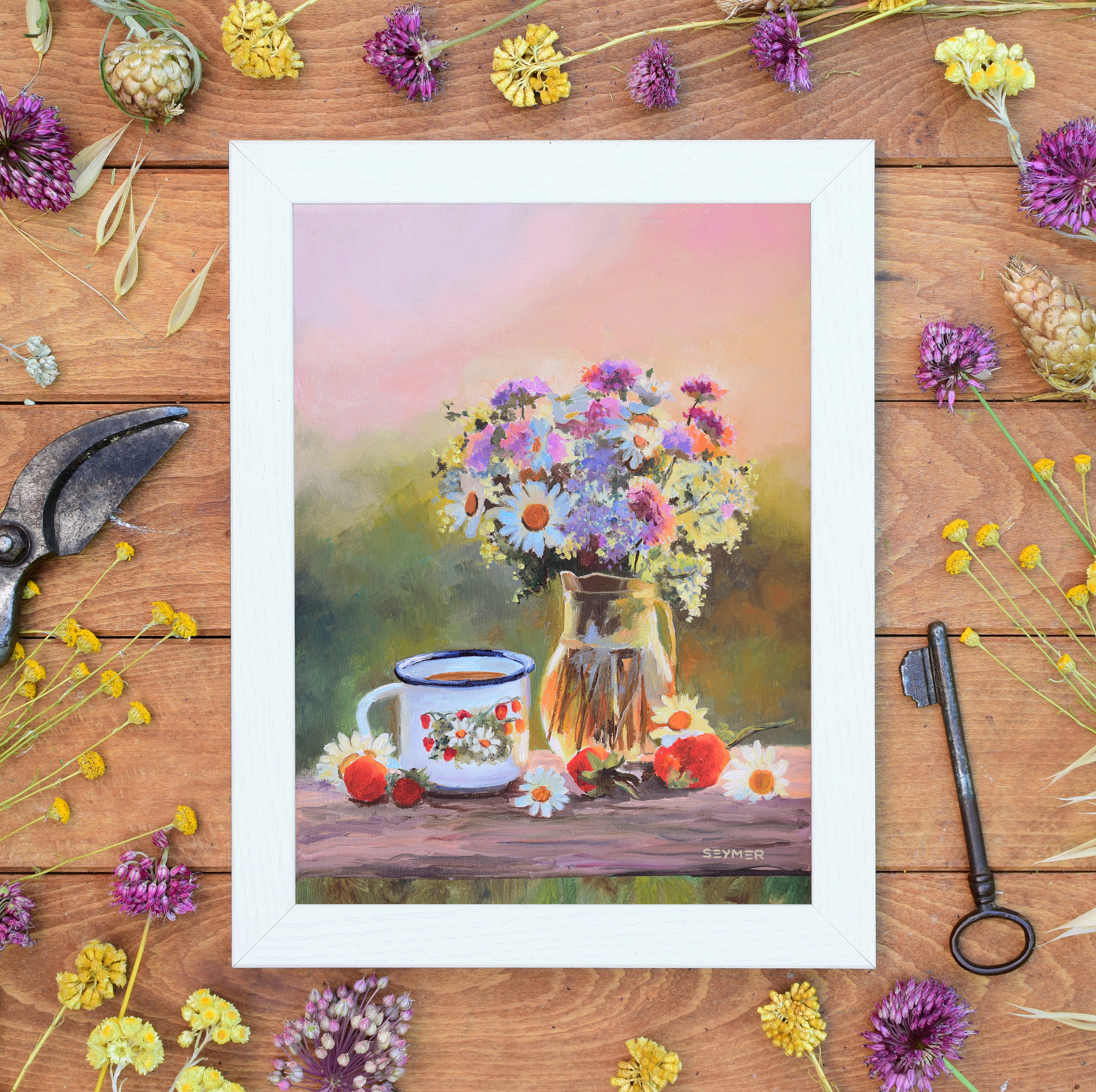 花瓶の油絵、小さな静物画、デイジーの絵、オリジナル油絵、額装された