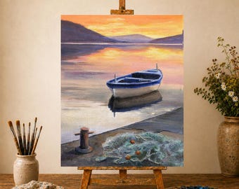 Boat dock ORIGINAL painting, Fishing boat landscape, Dock sunset artwork, Dockside painting, Fisherman gift, Lake house decor, Nautical art