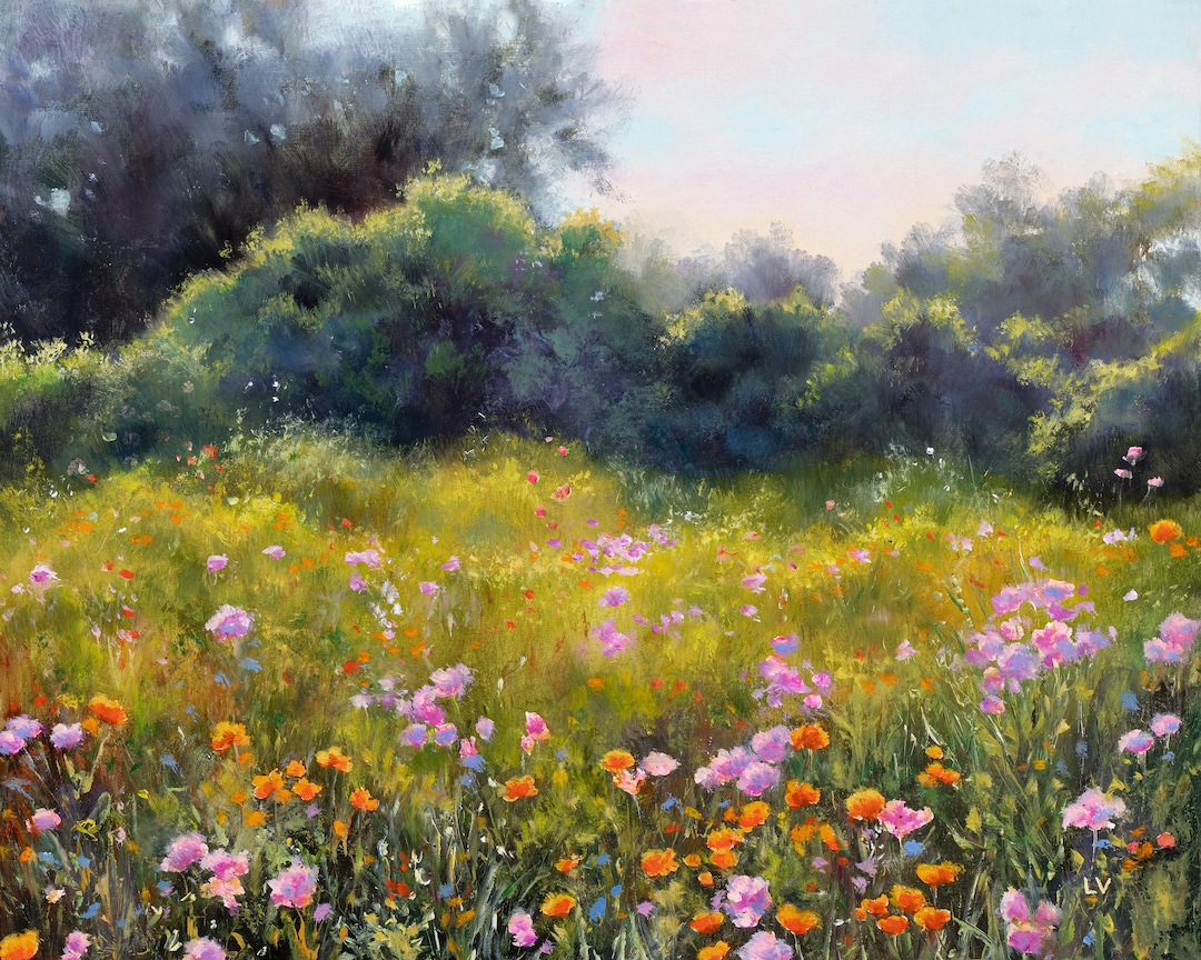 Colorful Flower Field ORIGINAL Oil Painting, Purple and Orange