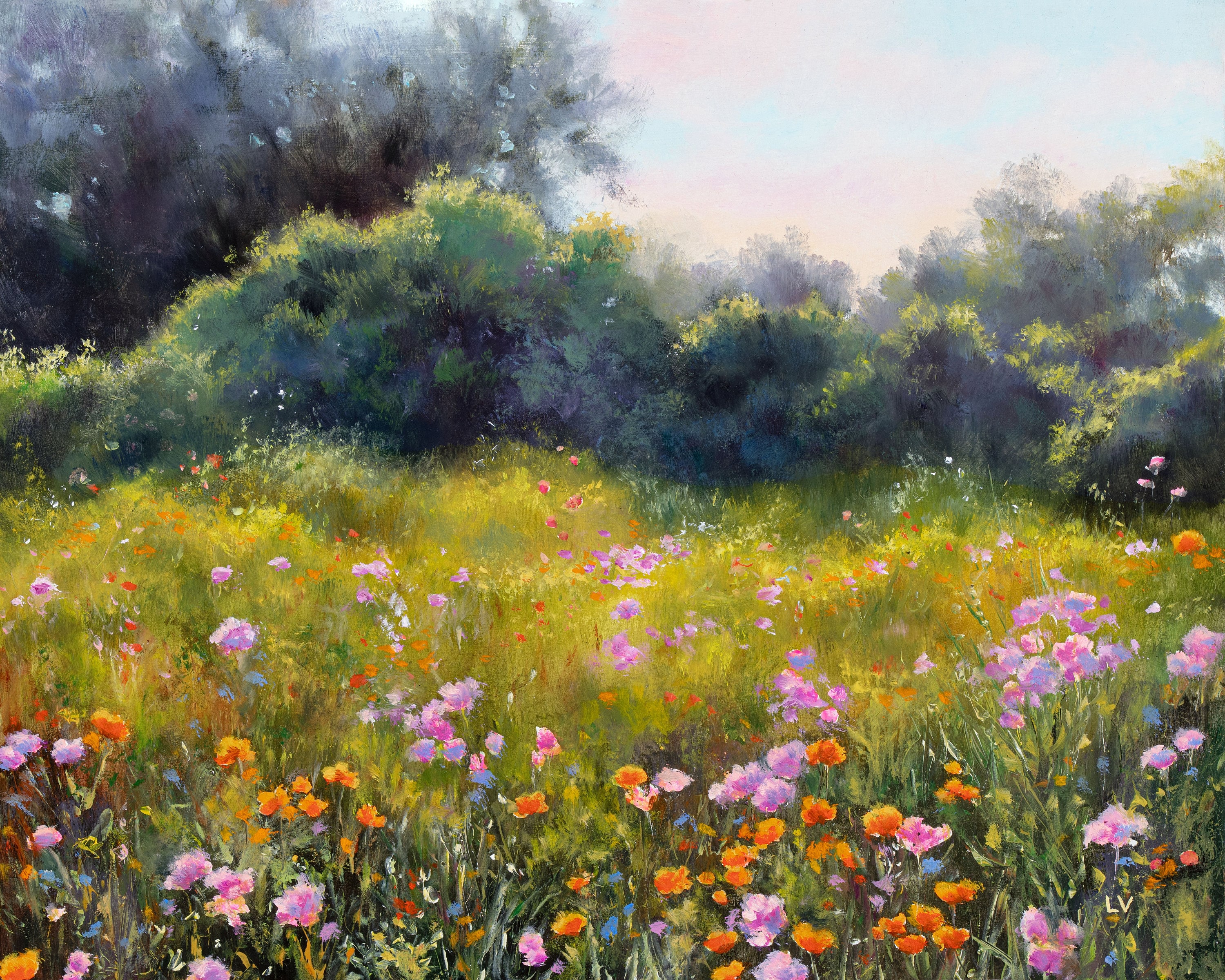 Colorful Flower Field ORIGINAL Oil Painting, Purple and Orange