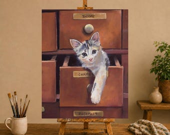 子猫のキャンバスに描かれた美しいヴィンテージ油絵、猫の絵画、子猫の