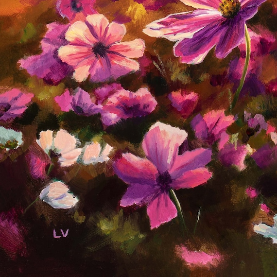 Cosmos Field PRINT, Sunset Meadow Oil Painting, Mexico Flowers
