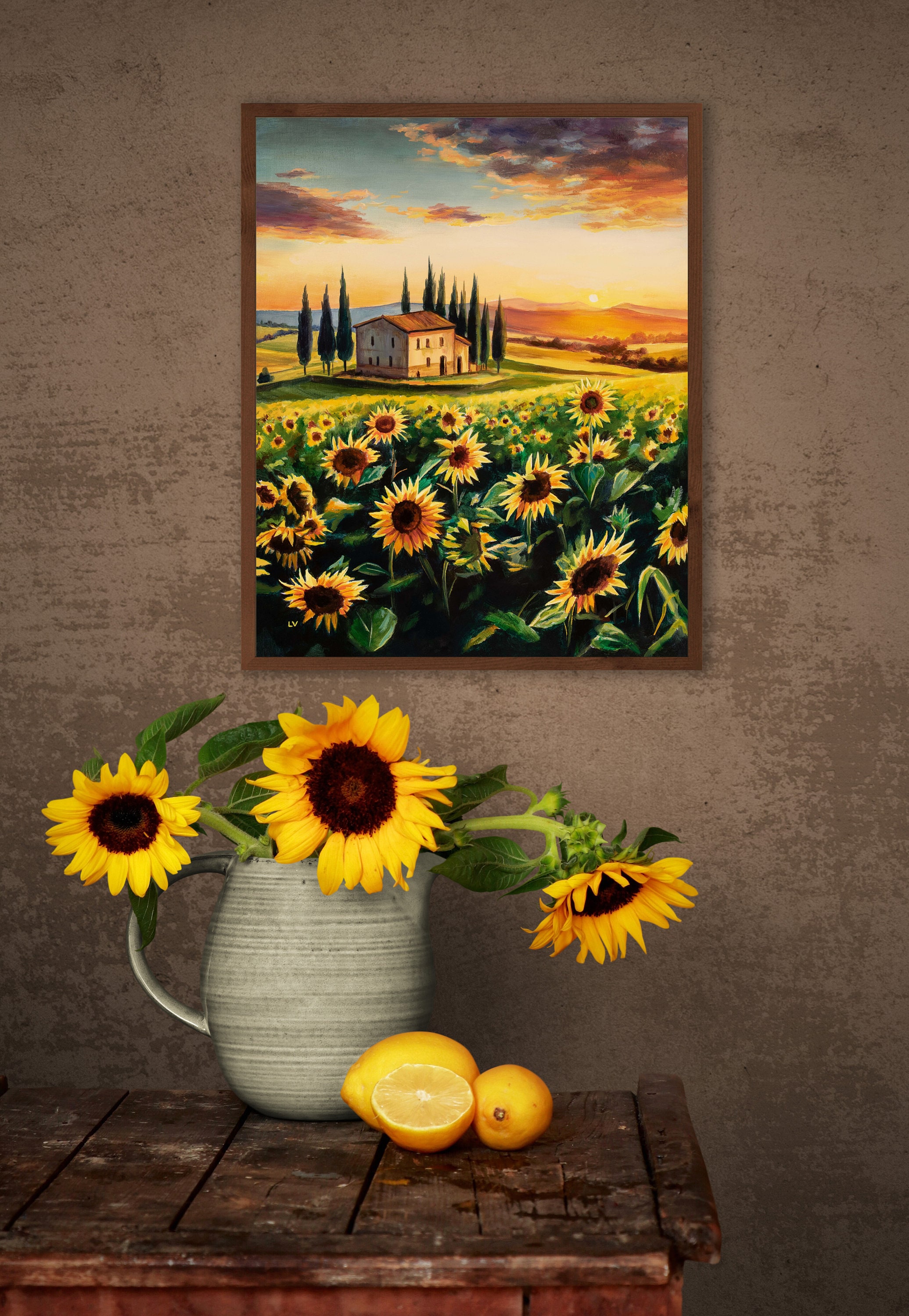 ORIGINAL sunflowers landscape oil painting, Tuscany fields artwork