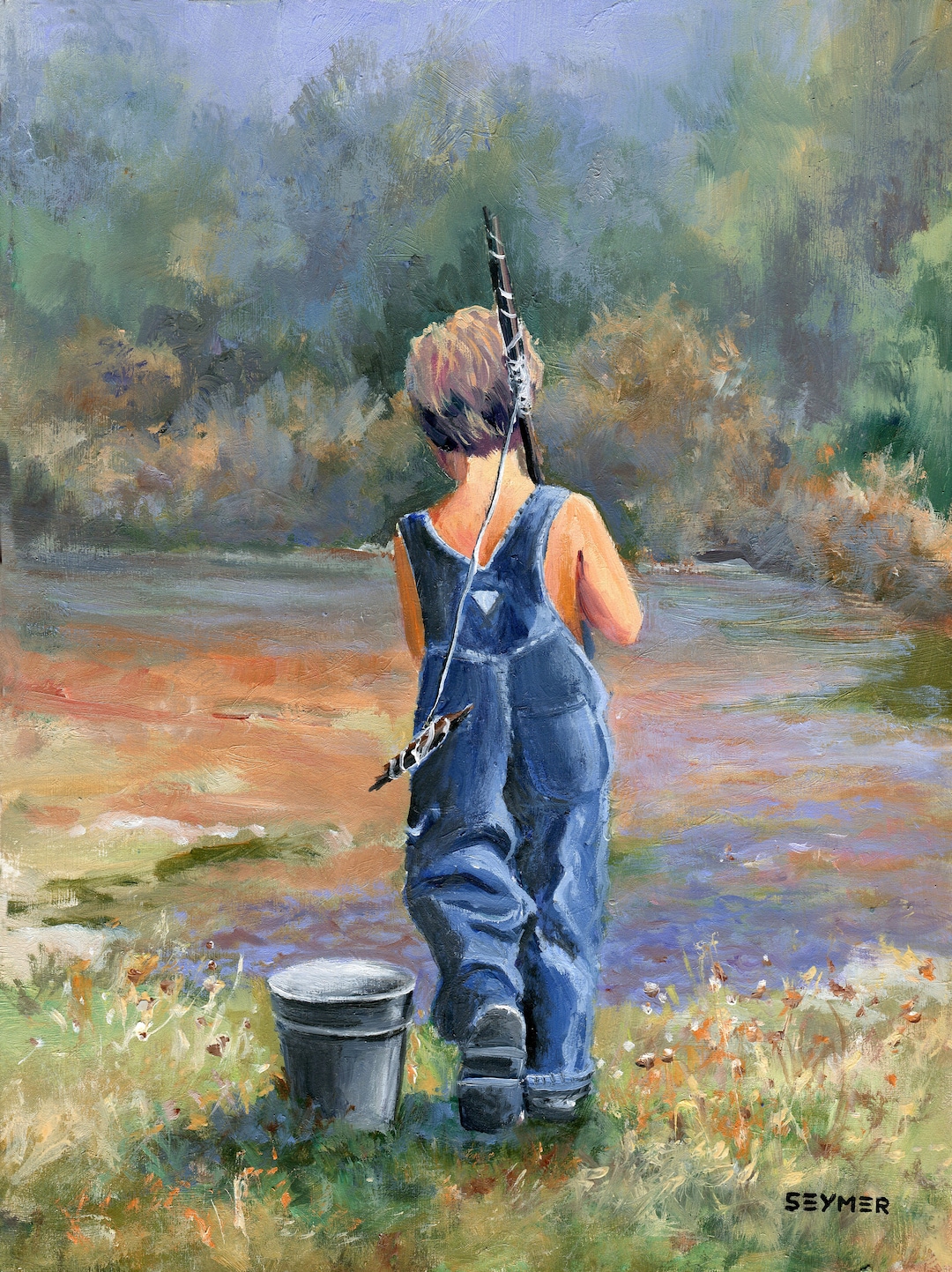 Boy Fishing Painting, Child River ORIGINAL Art, Sunny Sumer Day Wall Art,  River Landscape, Child's Room Decor, Vintage Artwork, Framed Art. 