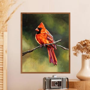 Impresión de cardenal rojo en rama, impresión de ave estatal, póster de aves de América del Norte, retrato de aves, arte mural de vida silvestre colorido, regalo de cardenal para mamá