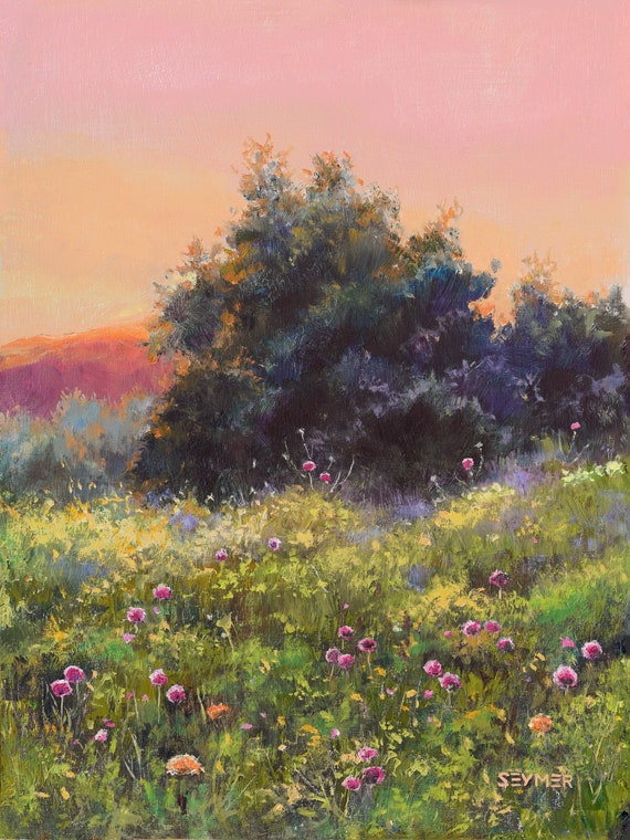 花畑のオリジナル絵画、田舎の家の装飾のための草原の油絵、夏の夕焼け