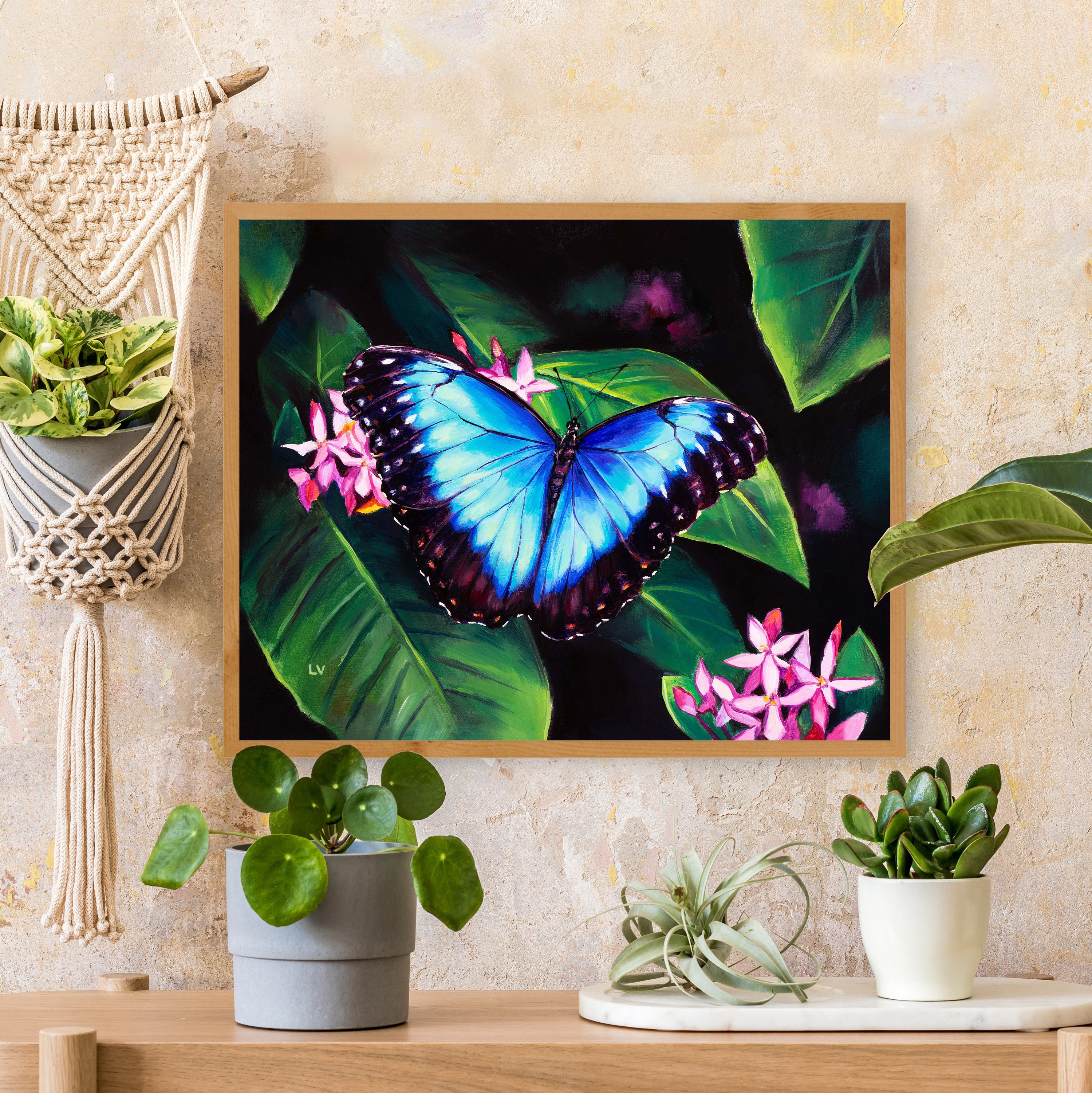 蝶と花のオリジナル油絵、ベッド上の大きな青い蝶の壁飾り、庭の花の