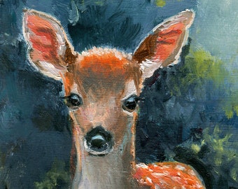 鹿の親子 F25油彩画 風景画 絵画 oil painting art 子鹿のリアルな油絵、子鹿のオリジナル絵画、ヴィンテージ装飾用の子鹿