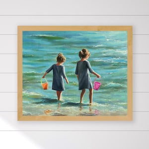 Children playing on the beach painting PRINT, Sisters portrait artwork, Little girls nursery Tender childish wall art People summer seascape