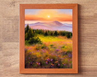 コロンビア　花と生活の風景 油彩画 PNW オリジナル絵画、野生の花の春の風景、コロンビアの丘の壁画、谷の