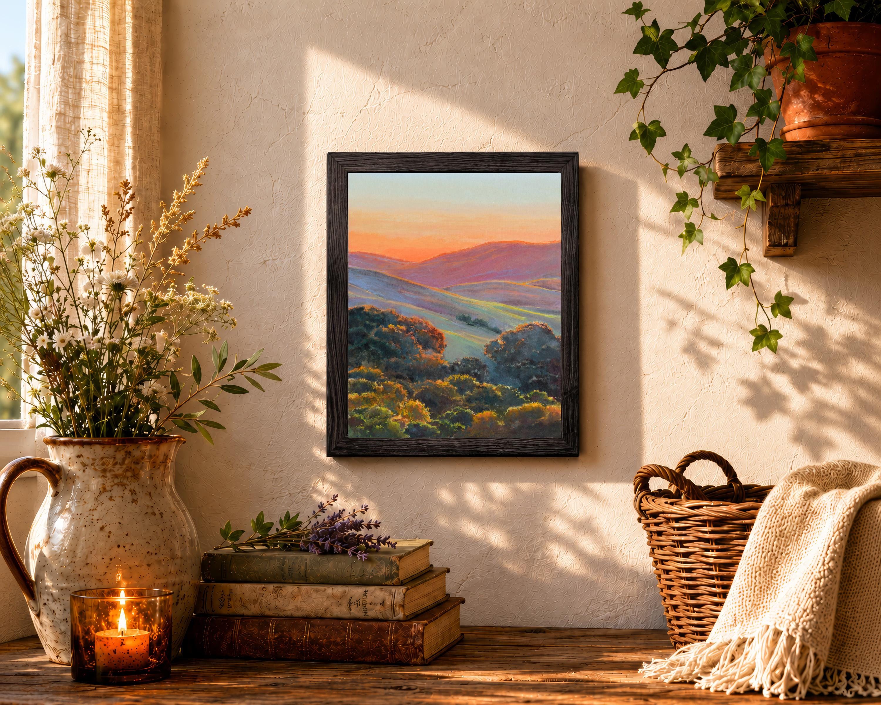 カリフォルニアの丘の絵画、夕日の風景油絵、カリフォルニアのオークの