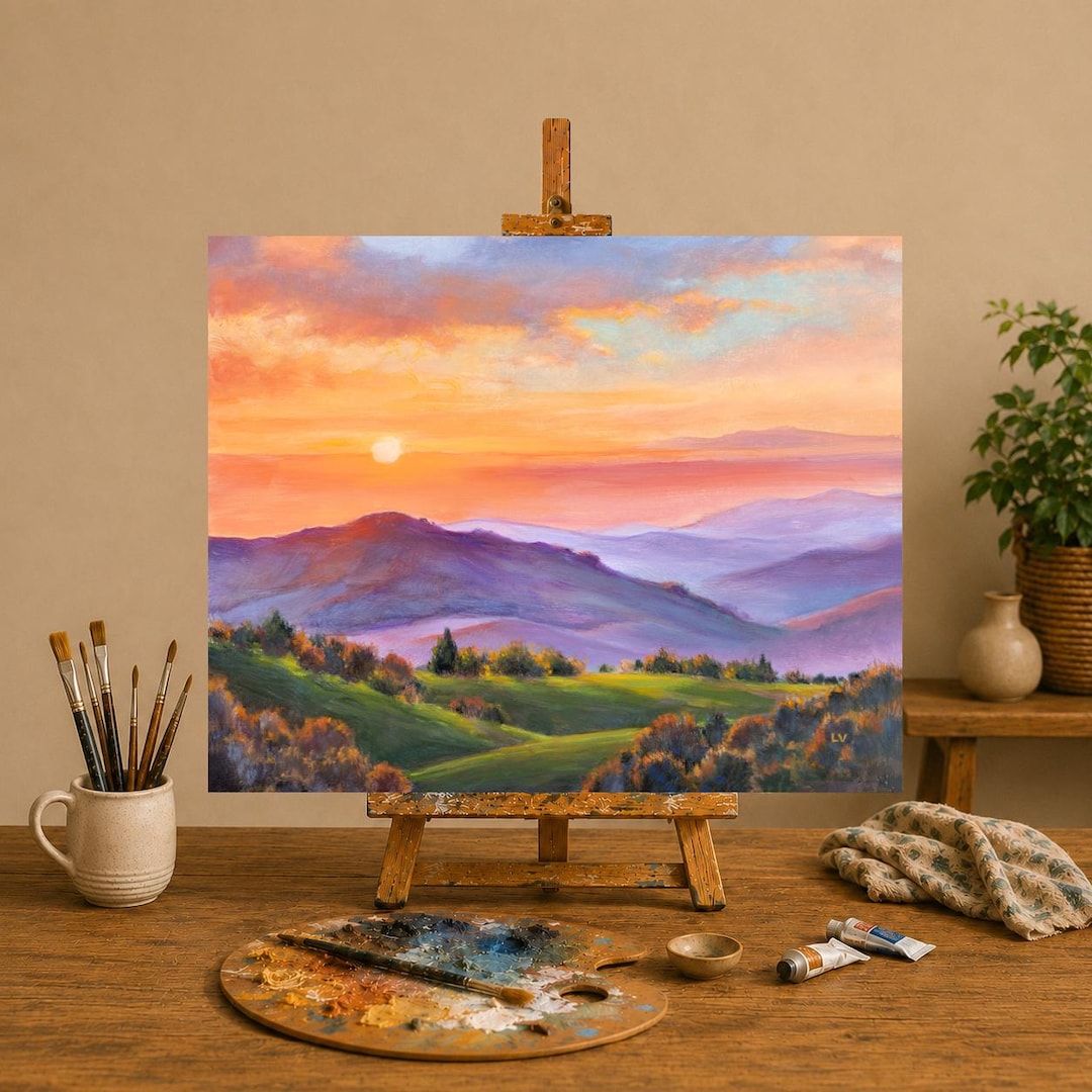 Colorful Landscape ORIGINAL Painting, Green Grassy Hills Sunshine
