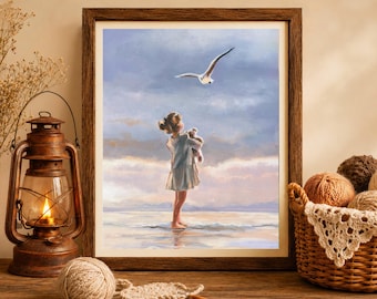 Seagull painting PRINT, Seagull girl sea art, Seaside little girl, Child whit toy painting, Little girl beach, Figurative art Nursery decor