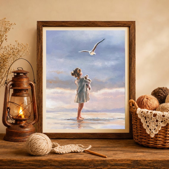 カモメの絵画プリント、カモメの少女の海のアート、海辺の小さな女の子