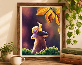 Snail and mushroom art PRINT, Magic forest painting, Whimsical creature wall art, Fairy tale print, Cabin cottagecore wall decor, Snail gift