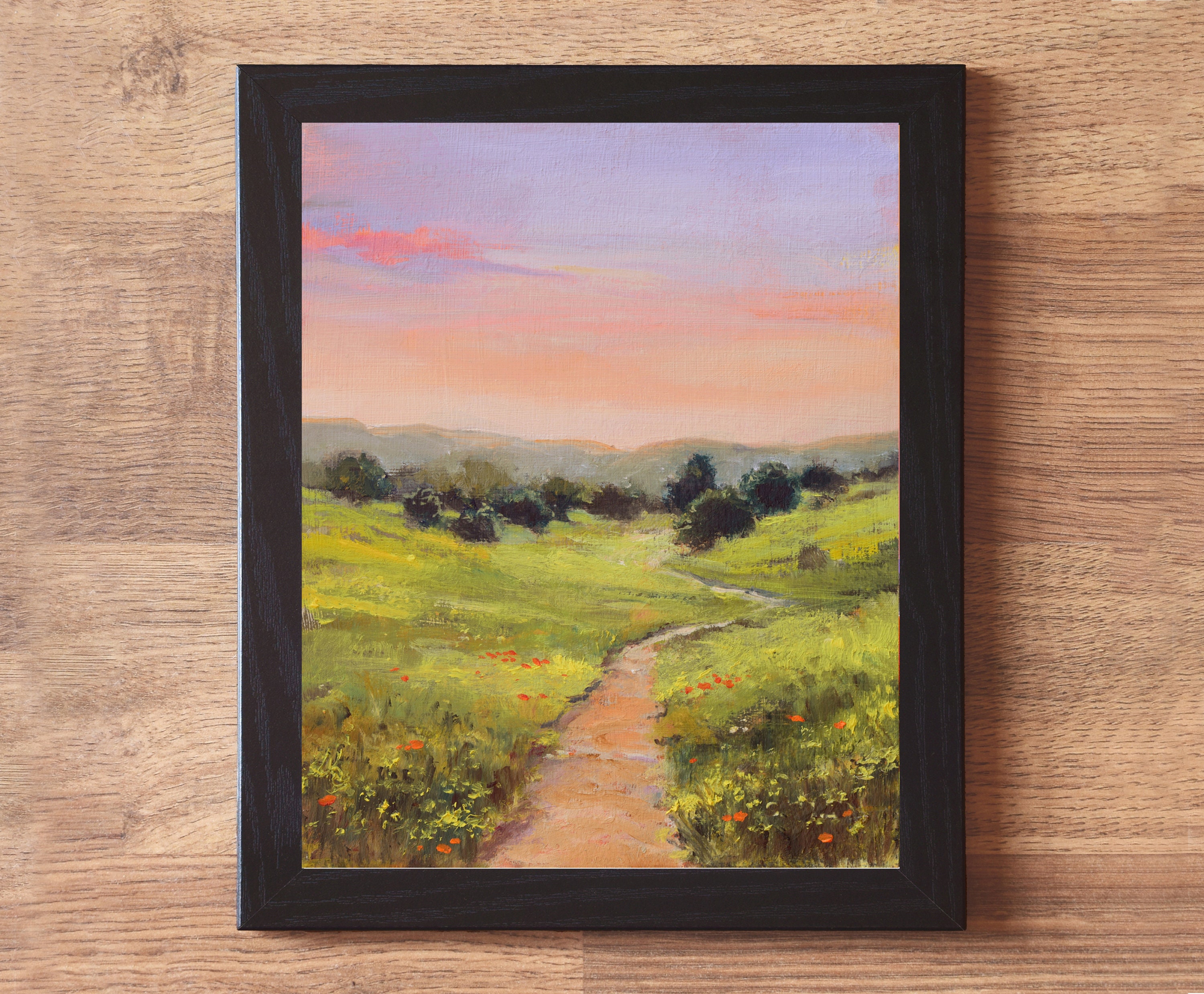 田舎道の絵画、草原の風景画、日の出の油絵、ピンクの空のアート、田舎