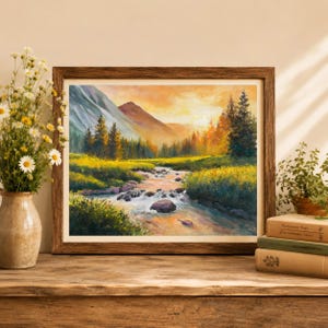 May include: A framed landscape painting depicting a mountain stream flowing through a grassy valley at sunset. The scene features rocky terrain, evergreen trees, and golden light reflecting on the water, all enclosed in a dark wood frame.