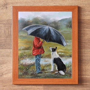 STAMPA carina di una giornata piovosa, opera d'arte di un ragazzo con l'ombrello, poster di pittura per bambini, border collie nel campo, pioggia autunnale, decorazioni per la cameretta dei bambini degli amici animali domestici