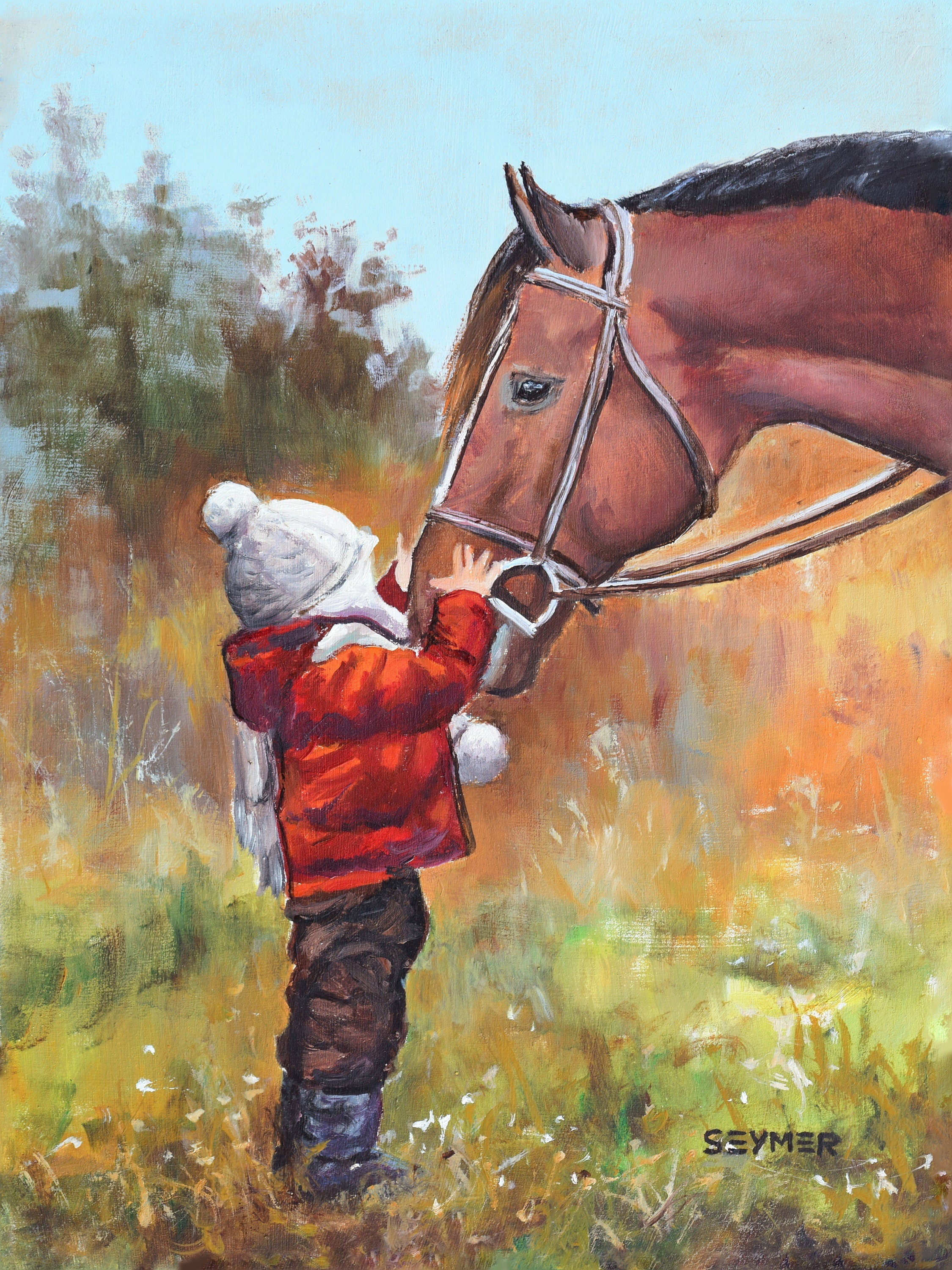 子供用オリジナル油絵 茶色の馬 カントリー風ホームデコレーション 額